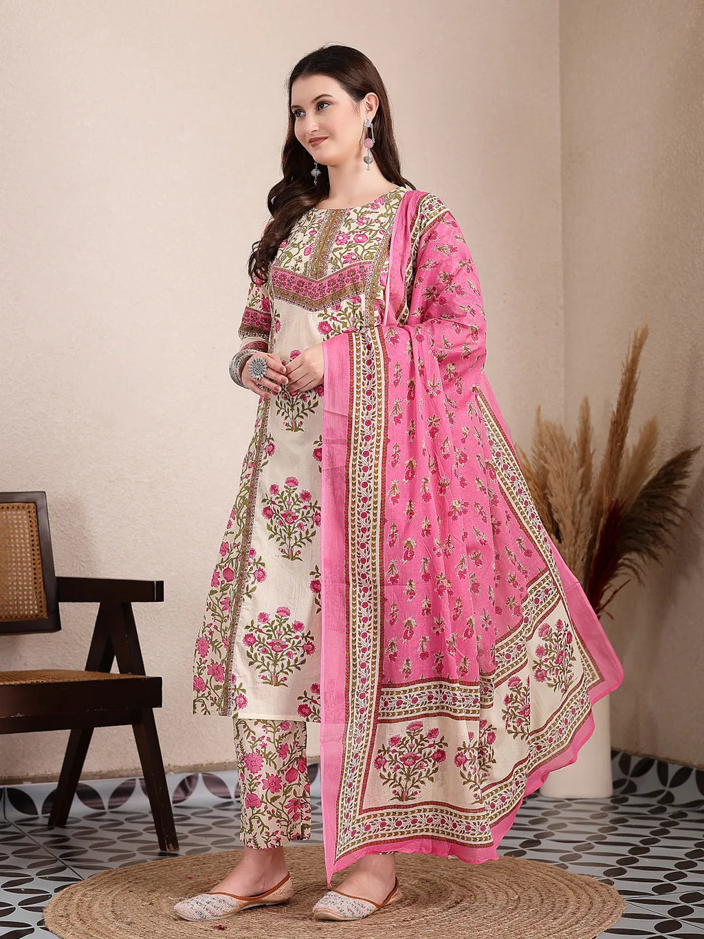 Yufta Pink And Beige Pure Cotton Floral Sequins Work Kurta Dupatta Set | Grocsy