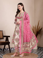 Yufta Pink And Beige Pure Cotton Floral Sequins Work Kurta Dupatta Set | Grocsy