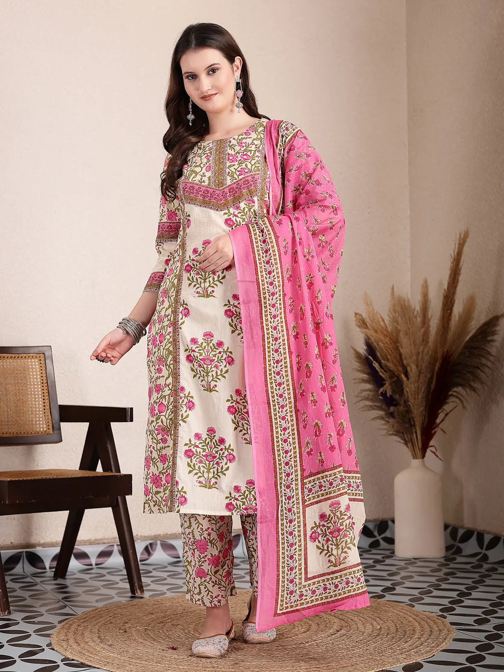 Yufta Pink And Beige Pure Cotton Floral Sequins Work Kurta Dupatta Set | Grocsy