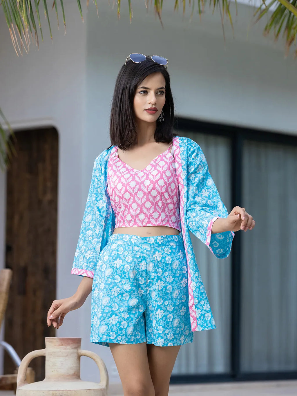 Yufta Pink & Blue Co Ord Set Add Jacket | Grocsy