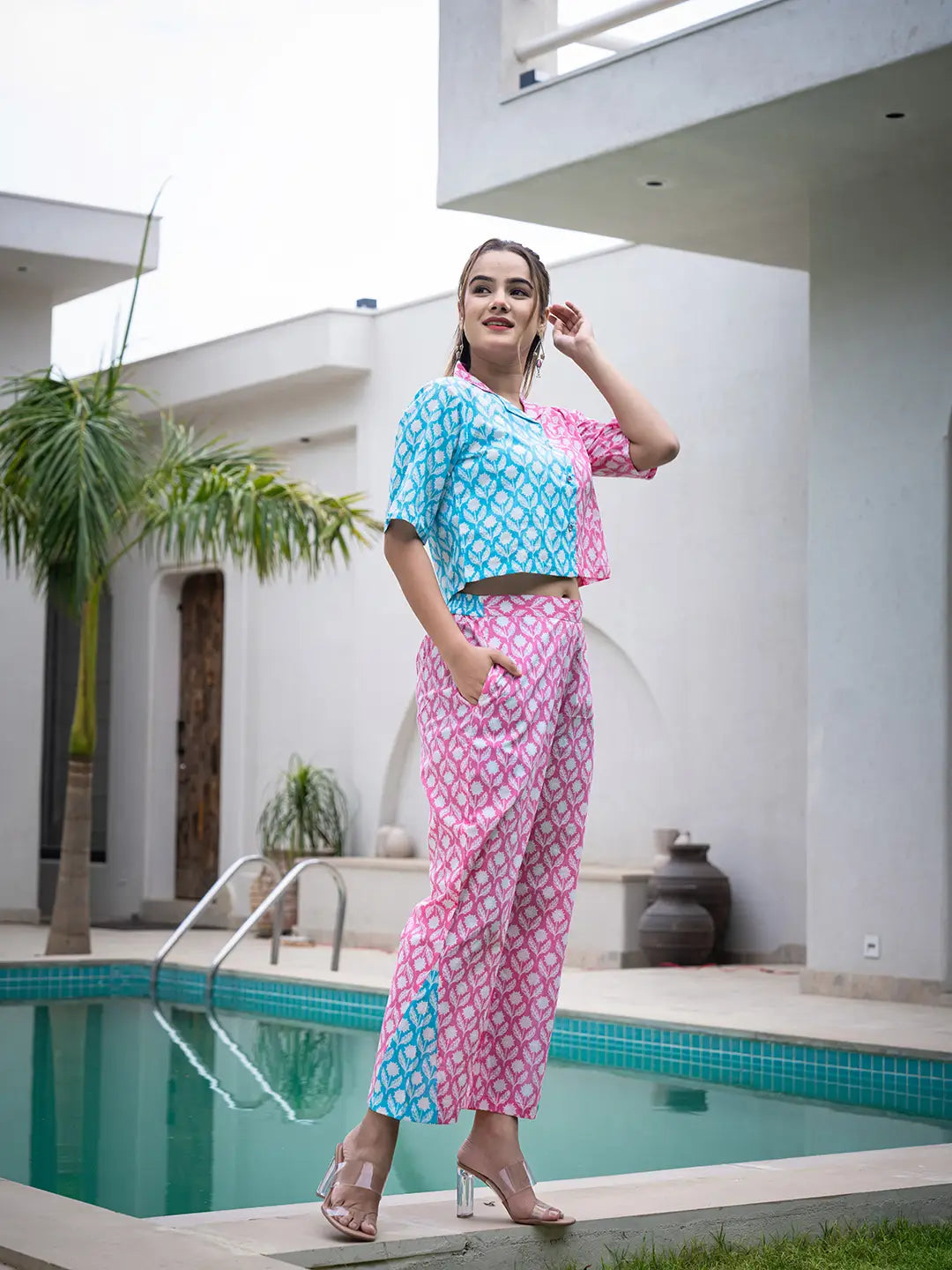 Yufta Pink And Blue Crop Top And Trouser Co Ord Set | Grocsy