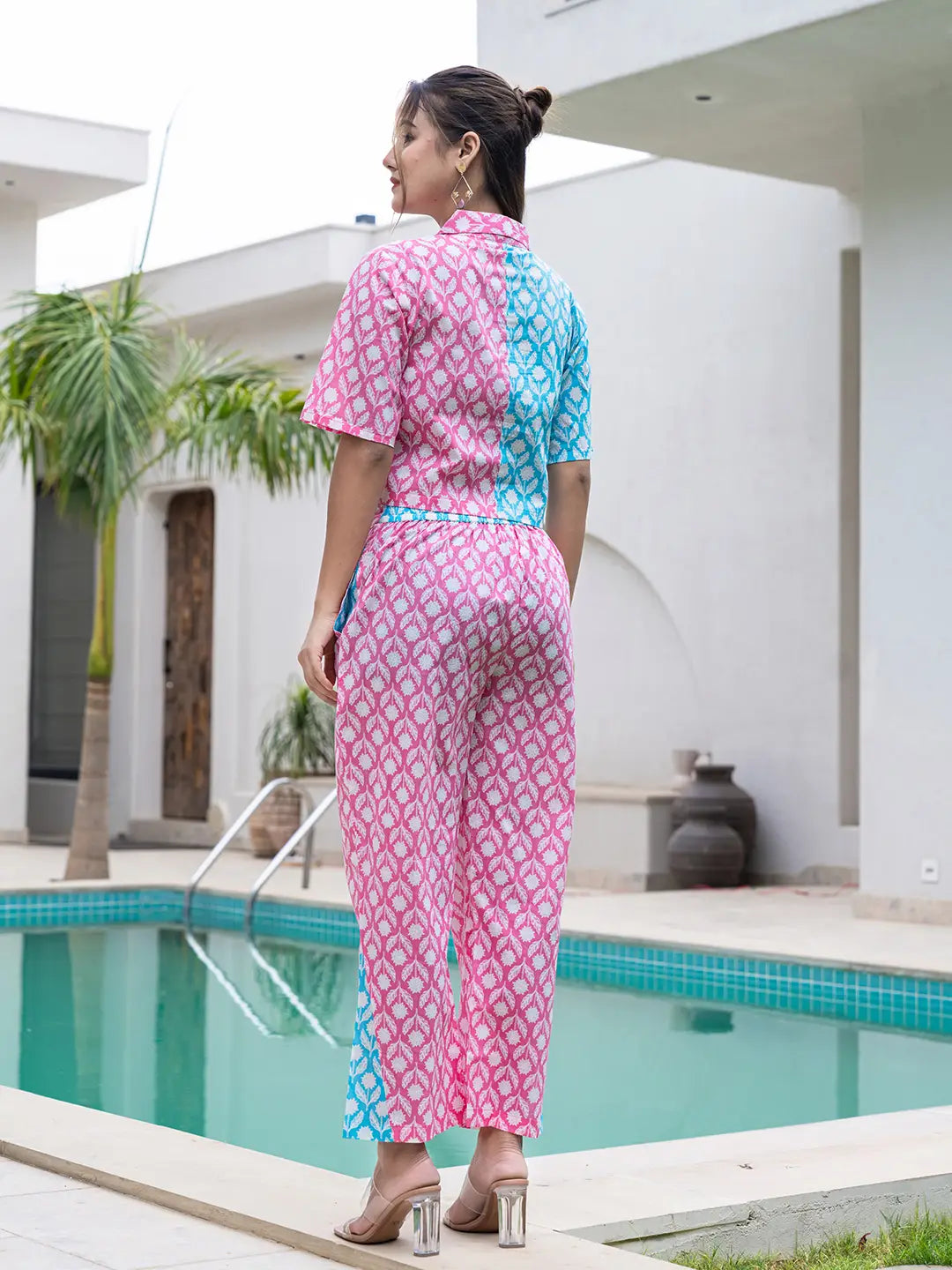 Yufta Pink And Blue Crop Top And Trouser Co Ord Set | Grocsy