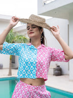 Yufta Pink And Blue Crop Top And Trouser Co Ord Set | Grocsy