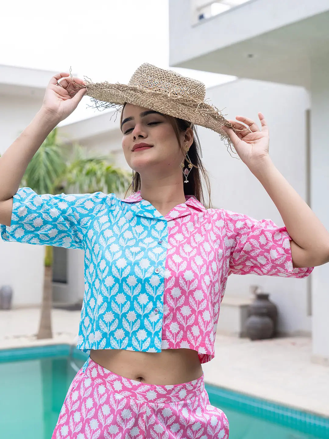 Yufta Pink And Blue Crop Top And Trouser Co Ord Set | Grocsy