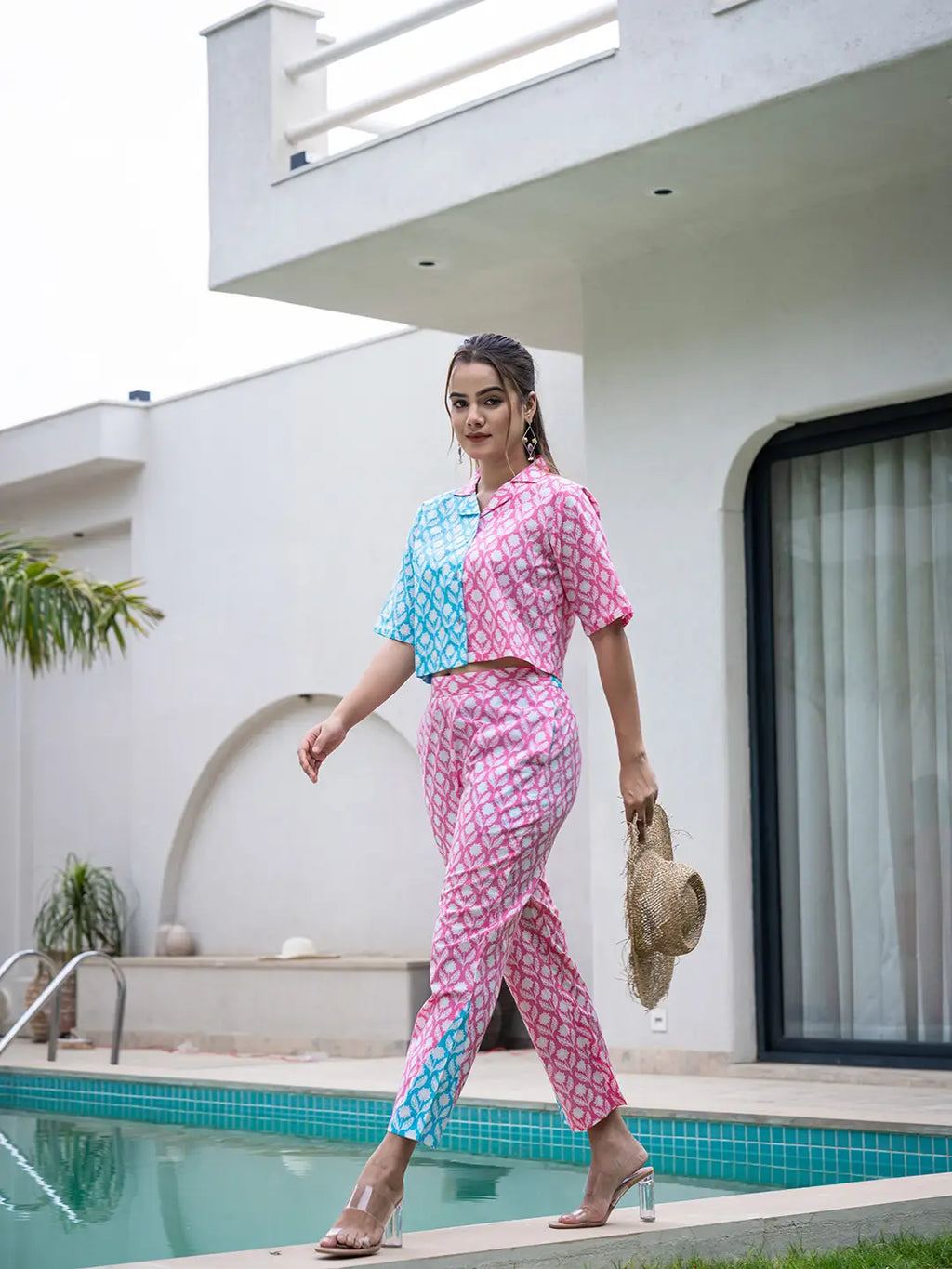 Yufta Pink And Blue Crop Top And Trouser Co Ord Set | Grocsy