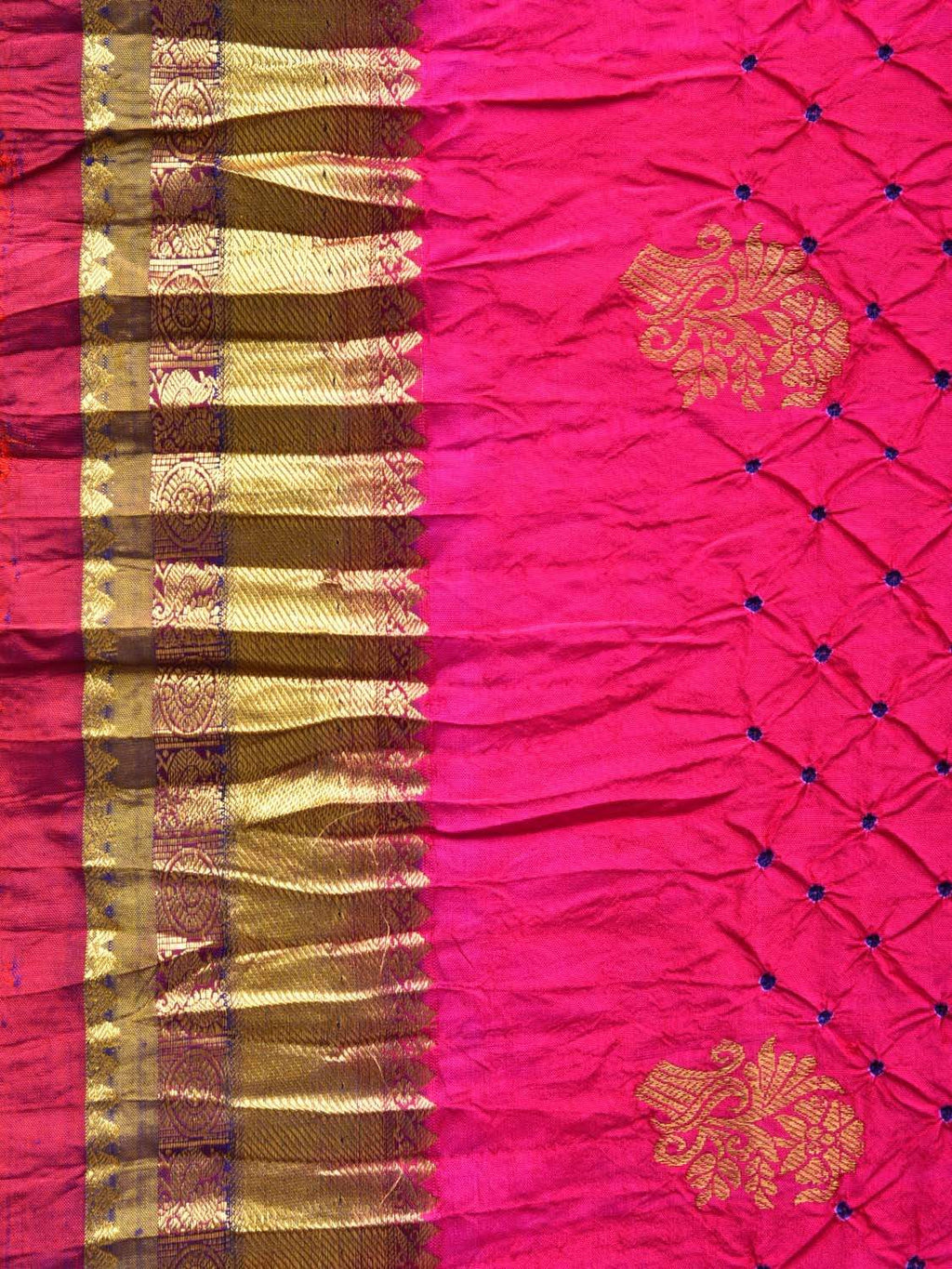 Pink and Dark Blue Bandhani Kanchipuram Silk Handloom Saree with Body Buta Design - Global Threads | Grocsy