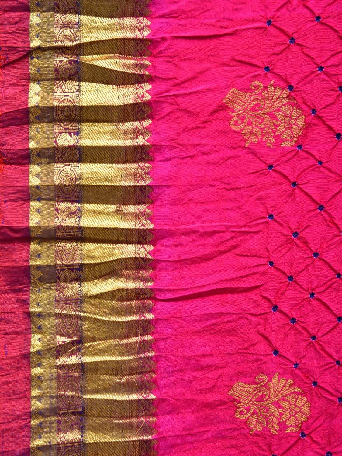 Pink and Dark Blue Bandhani Kanchipuram Silk Handloom Saree with Body Buta Design - Global Threads | Grocsy