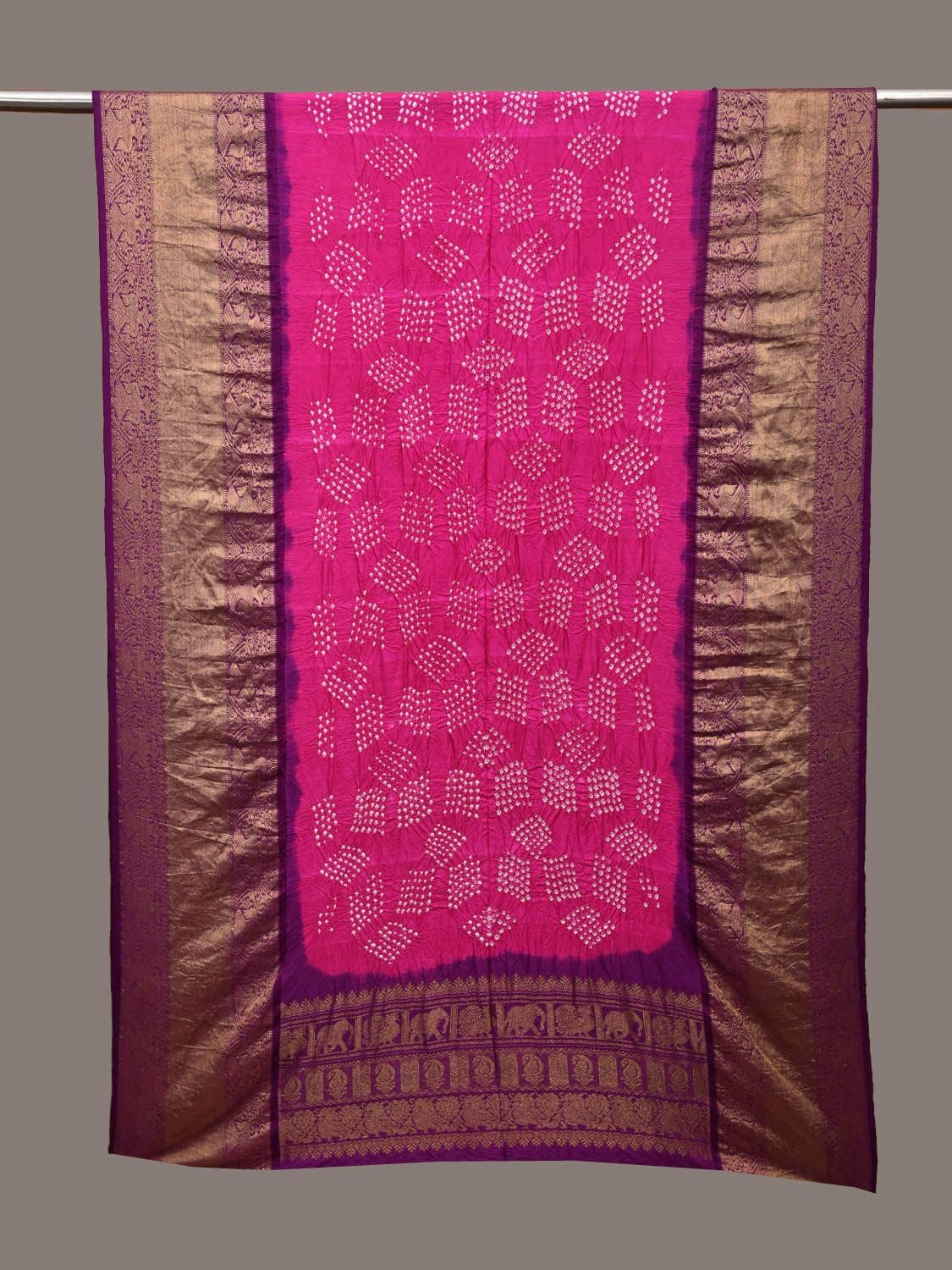 Pink and Purple Bandhani Kanchipuram Silk Handloom Dupatta with Border Design - Global Threads | Grocsy