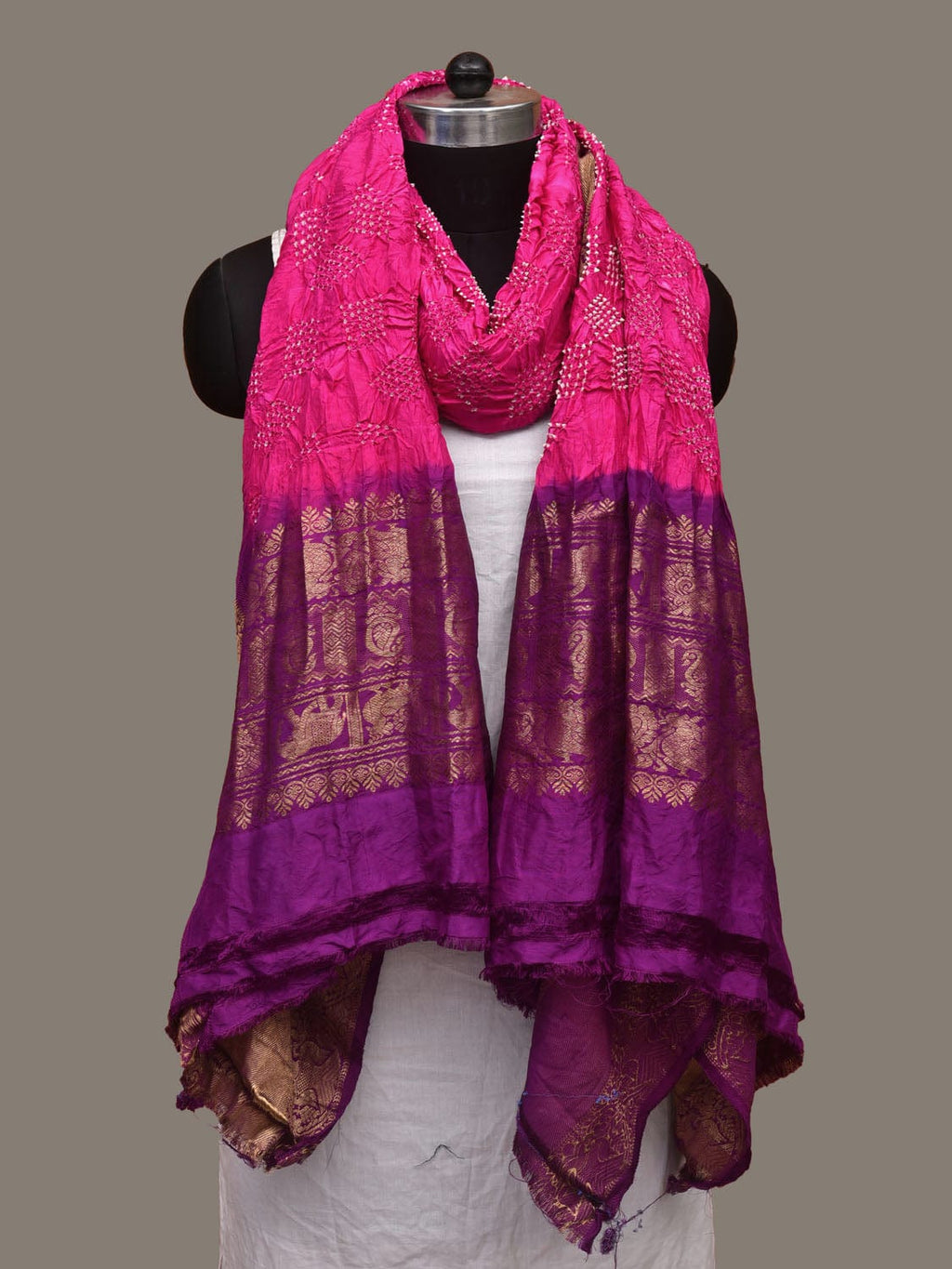 Pink and Purple Bandhani Kanchipuram Silk Handloom Dupatta with Border Design - Global Threads | Grocsy