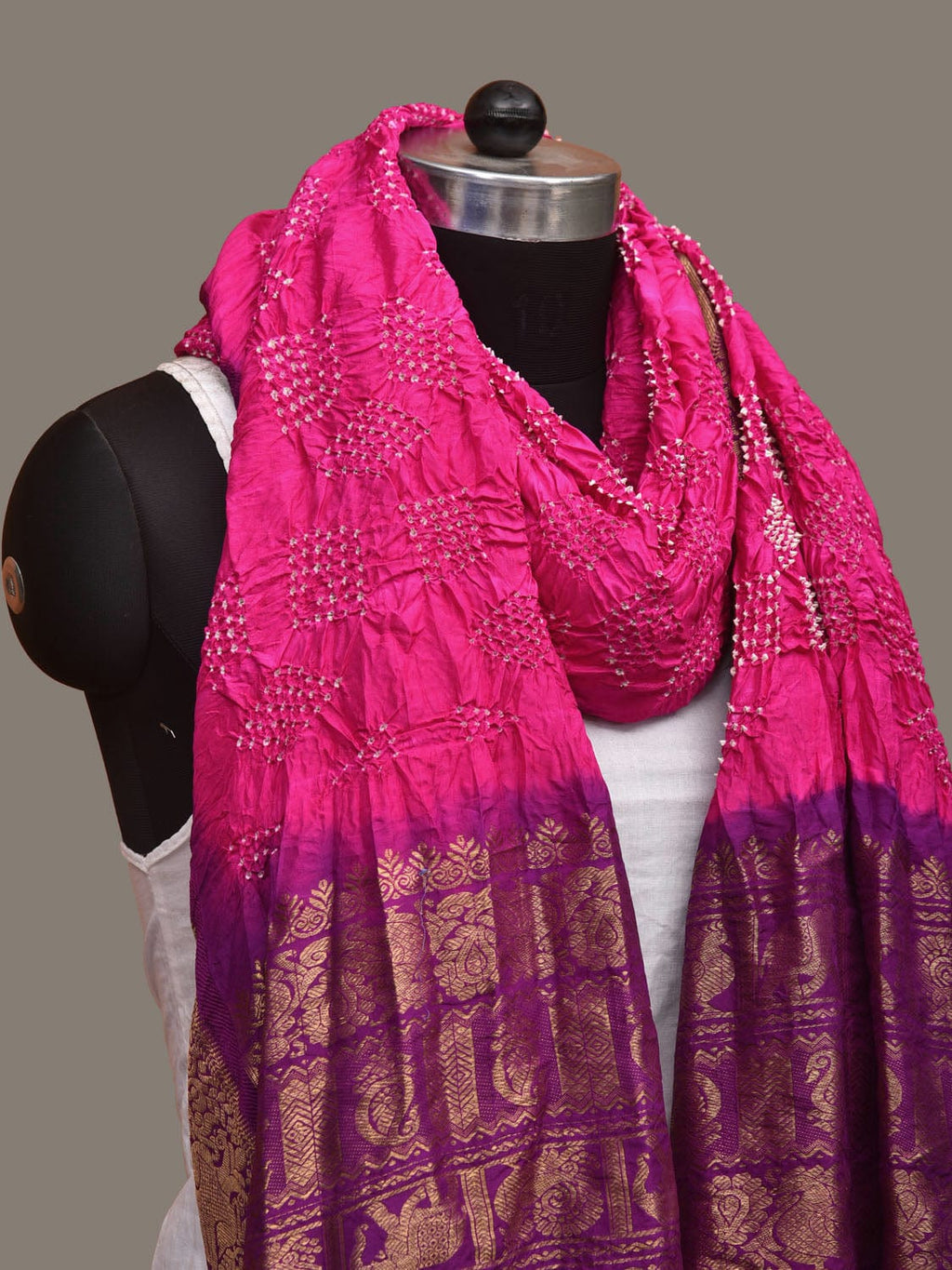 Pink and Purple Bandhani Kanchipuram Silk Handloom Dupatta with Border Design - Global Threads | Grocsy