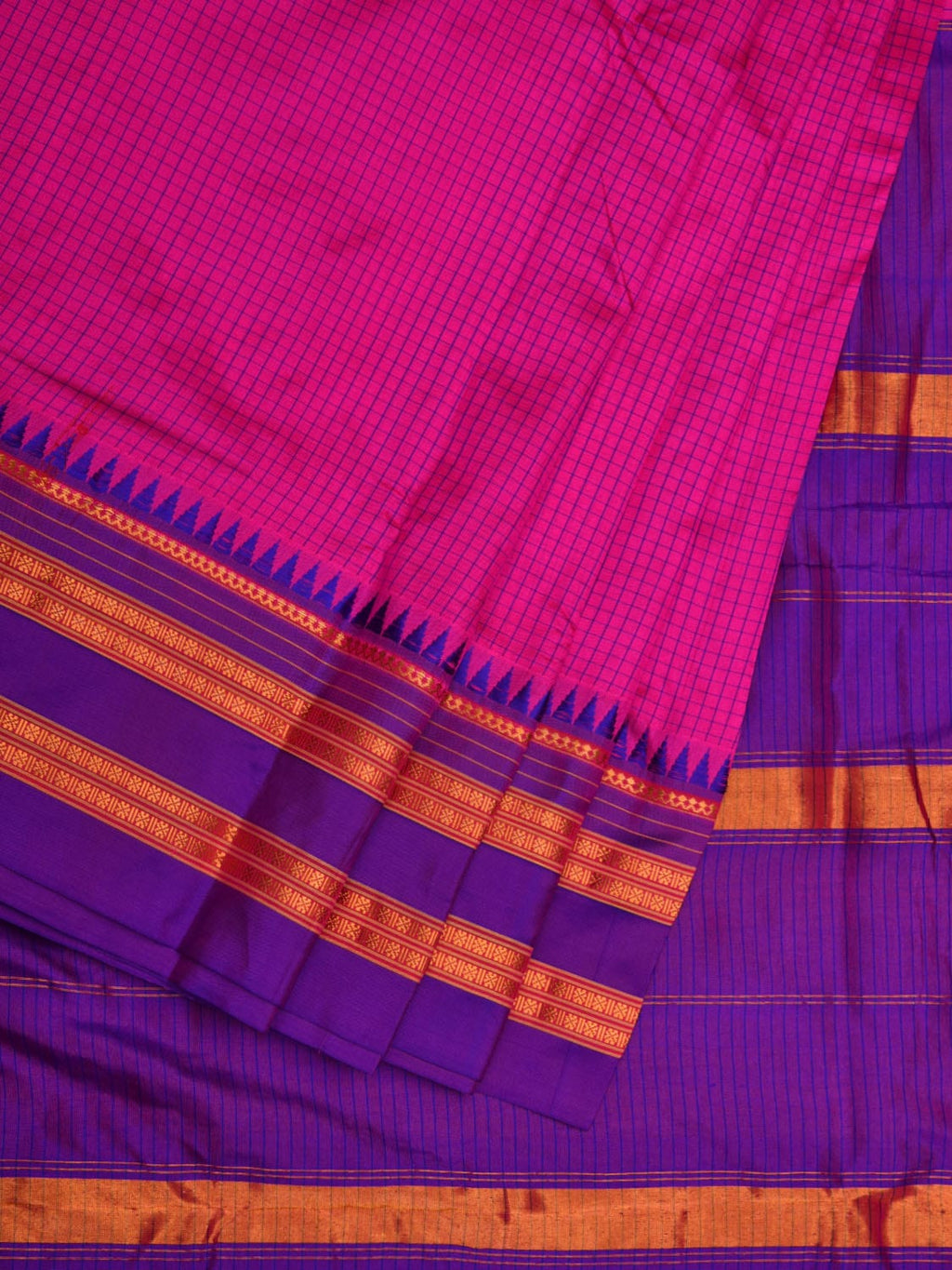 Pink and Purple Narayanpet Silk Handloom Plain Saree with Traditional Border Design No Blouse - Global Threads | Grocsy