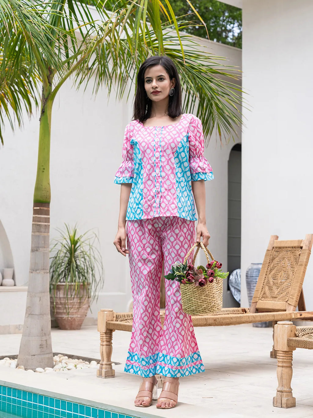 Yufta Pink & Sky Blue Colour Blocking Co Ord Set | Grocsy