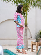 Yufta Pink & Sky Blue Colour Blocking Co Ord Set | Grocsy