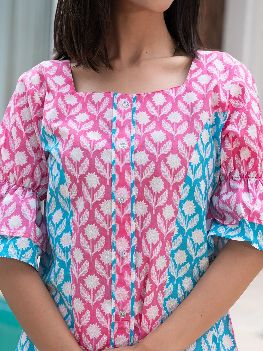 Yufta Pink & Sky Blue Colour Blocking Co Ord Set | Grocsy