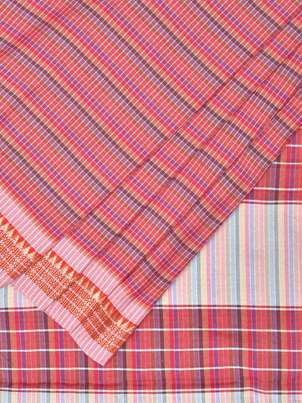 Pink Bamboo Cotton Plain Saree with Checks Design No Blouse - Global Threads | Grocsy