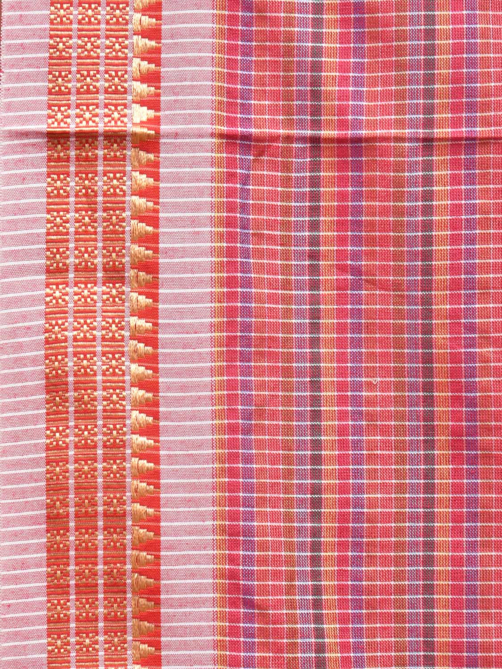 Pink Bamboo Cotton Plain Saree with Checks Design No Blouse - Global Threads | Grocsy