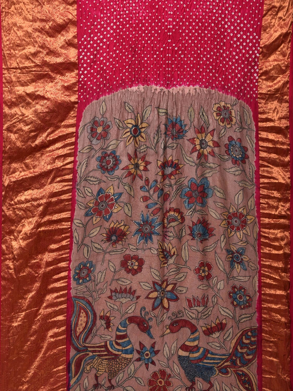 Pink Bandhani Kanchipuram Silk Handloom Saree with Kalamkari Pallu and Blouse Design - Global Threads | Grocsy
