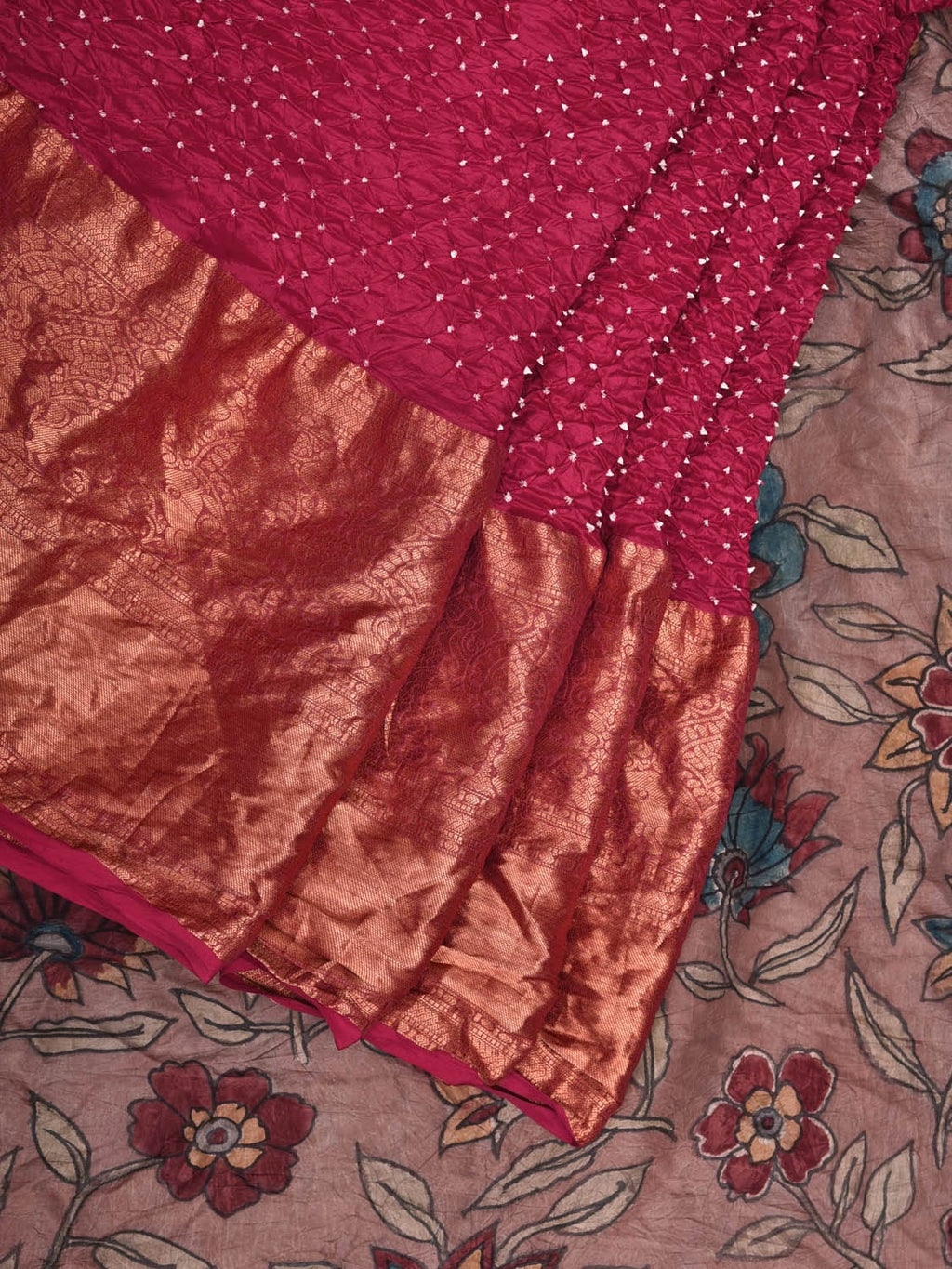 Pink Bandhani Kanchipuram Silk Handloom Saree with Kalamkari Pallu and Blouse Design - Global Threads | Grocsy