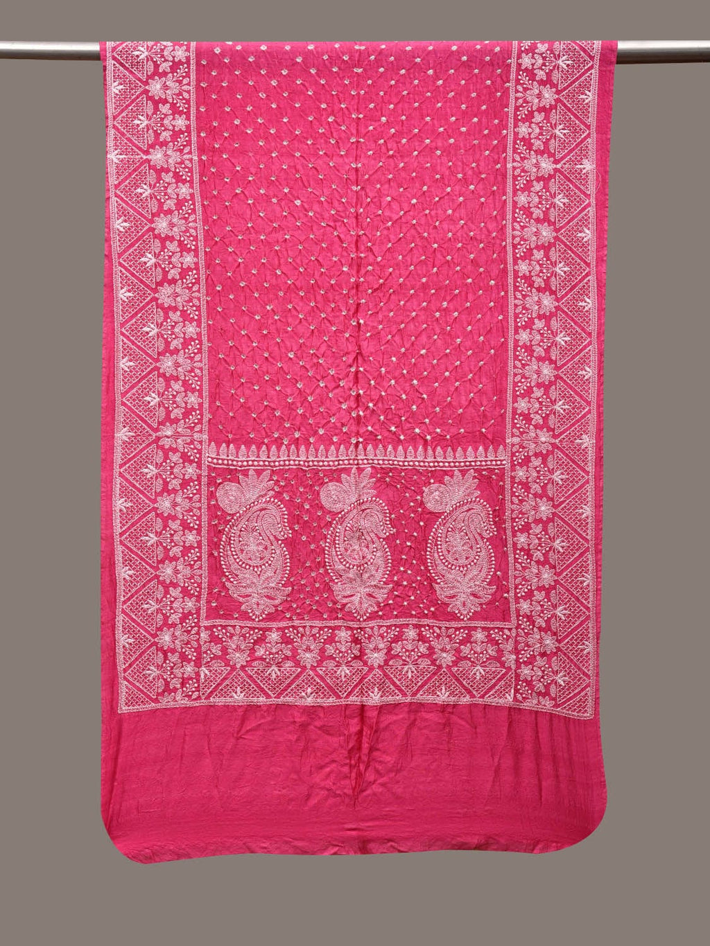 Pink Bandhani Silk Stole with Embroidary Work Design - Global Threads | Grocsy
