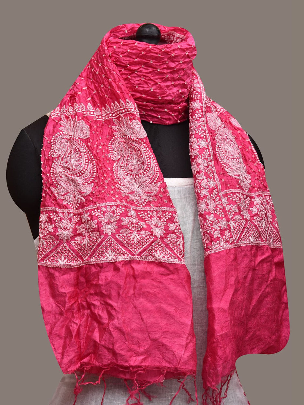 Pink Bandhani Silk Stole with Embroidary Work Design - Global Threads | Grocsy