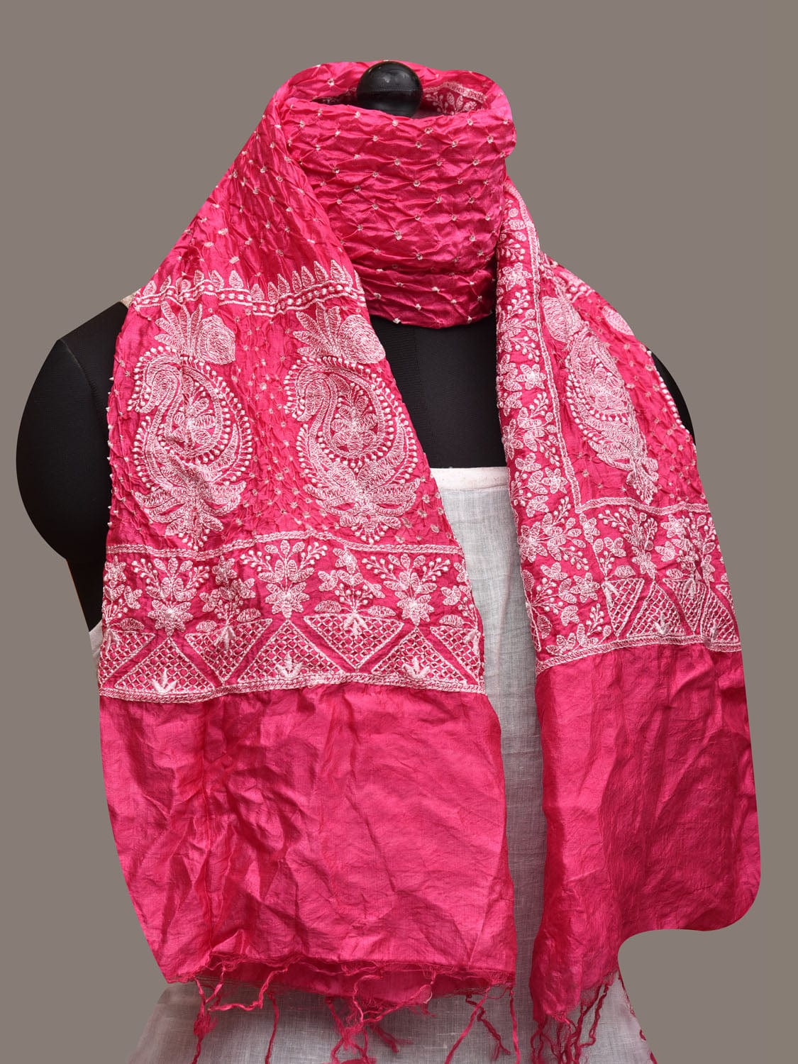 Pink Bandhani Silk Stole with Embroidary Work Design - Global Threads | Grocsy