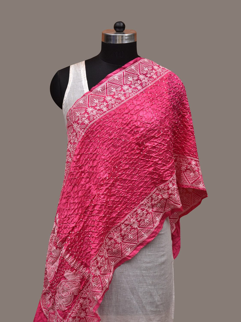 Pink Bandhani Silk Stole with Embroidary Work Design - Global Threads | Grocsy