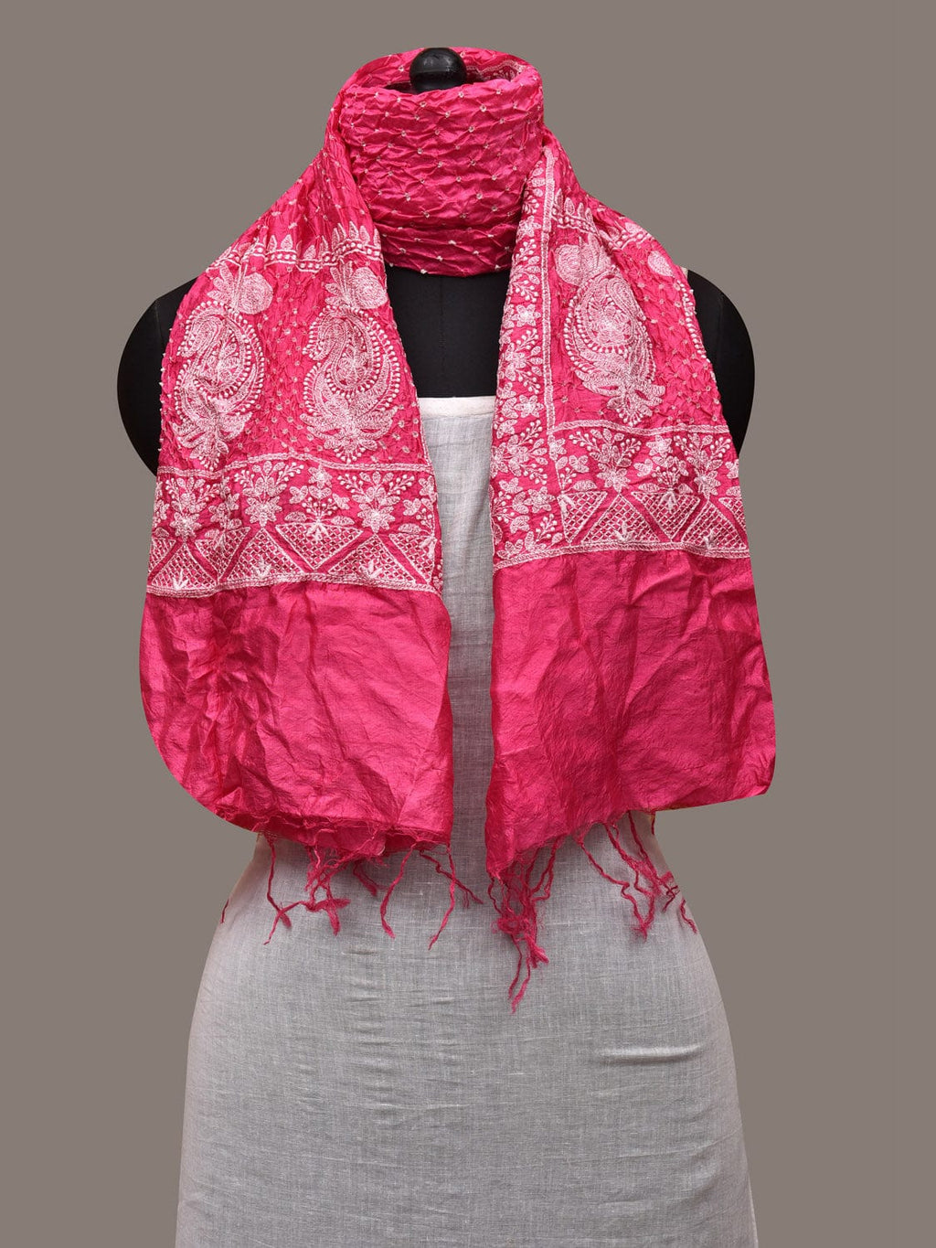 Pink Bandhani Silk Stole with Embroidary Work Design - Global Threads | Grocsy