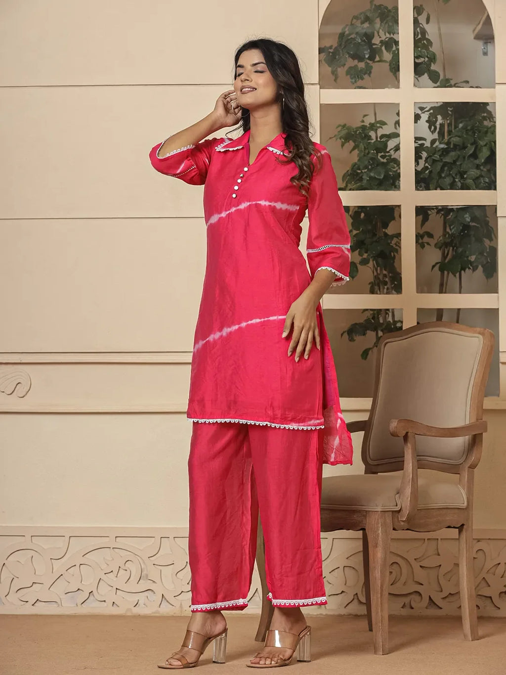 Yufta Pink Chanderi Silk Tie Dye Co-Ord Set | Grocsy