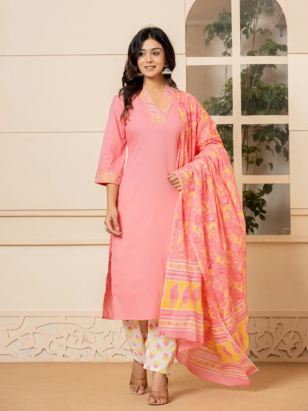 Yufta Pink Cotton Embroidered Kurta Dupatta Set | Grocsy