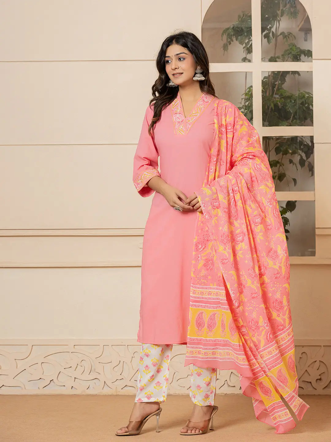 Yufta Pink Cotton Embroidered Kurta Dupatta Set | Grocsy