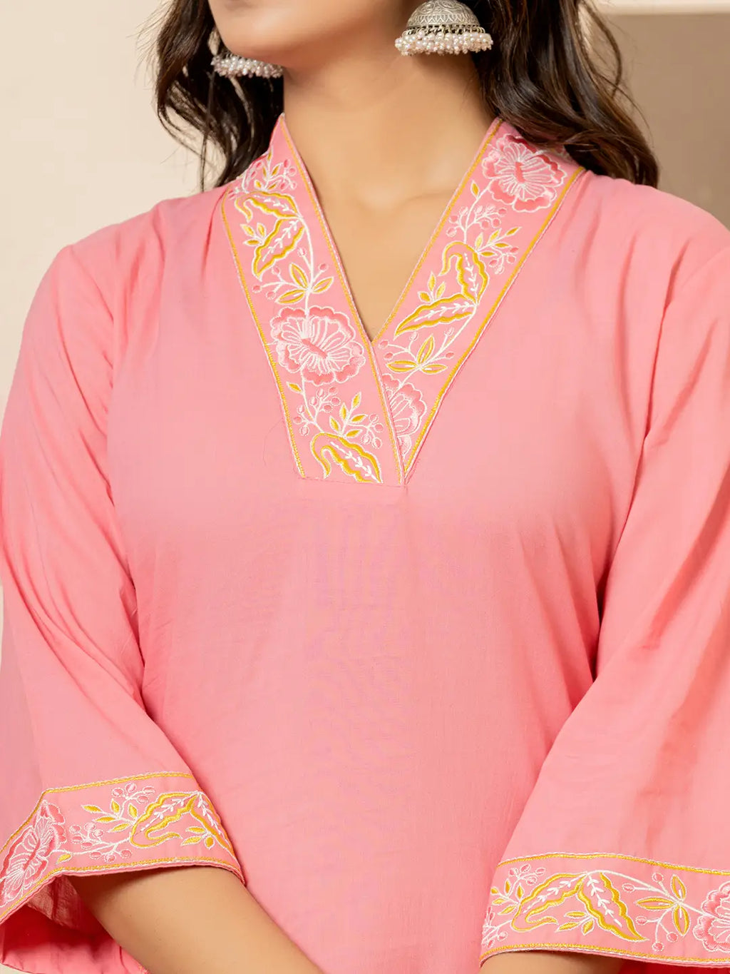 Yufta Pink Cotton Embroidered Kurta Dupatta Set | Grocsy