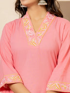 Yufta Pink Cotton Embroidered Kurta Dupatta Set | Grocsy