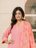 Yufta Pink Cotton Embroidered Kurta Dupatta Set | Grocsy