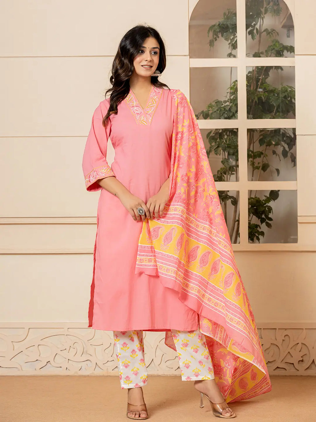 Yufta Pink Cotton Embroidered Kurta Dupatta Set | Grocsy
