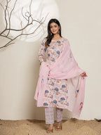 Yufta Pink Cotton Floral Print Kurta Dupatta Set | Grocsy