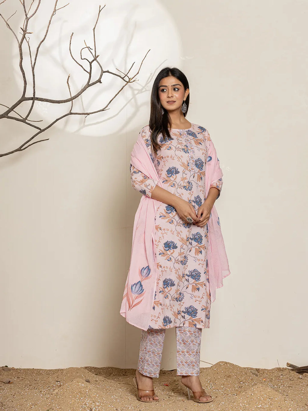 Yufta Pink Cotton Floral Print Kurta Dupatta Set | Grocsy