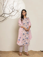 Yufta Pink Cotton Floral Print Kurta Dupatta Set | Grocsy
