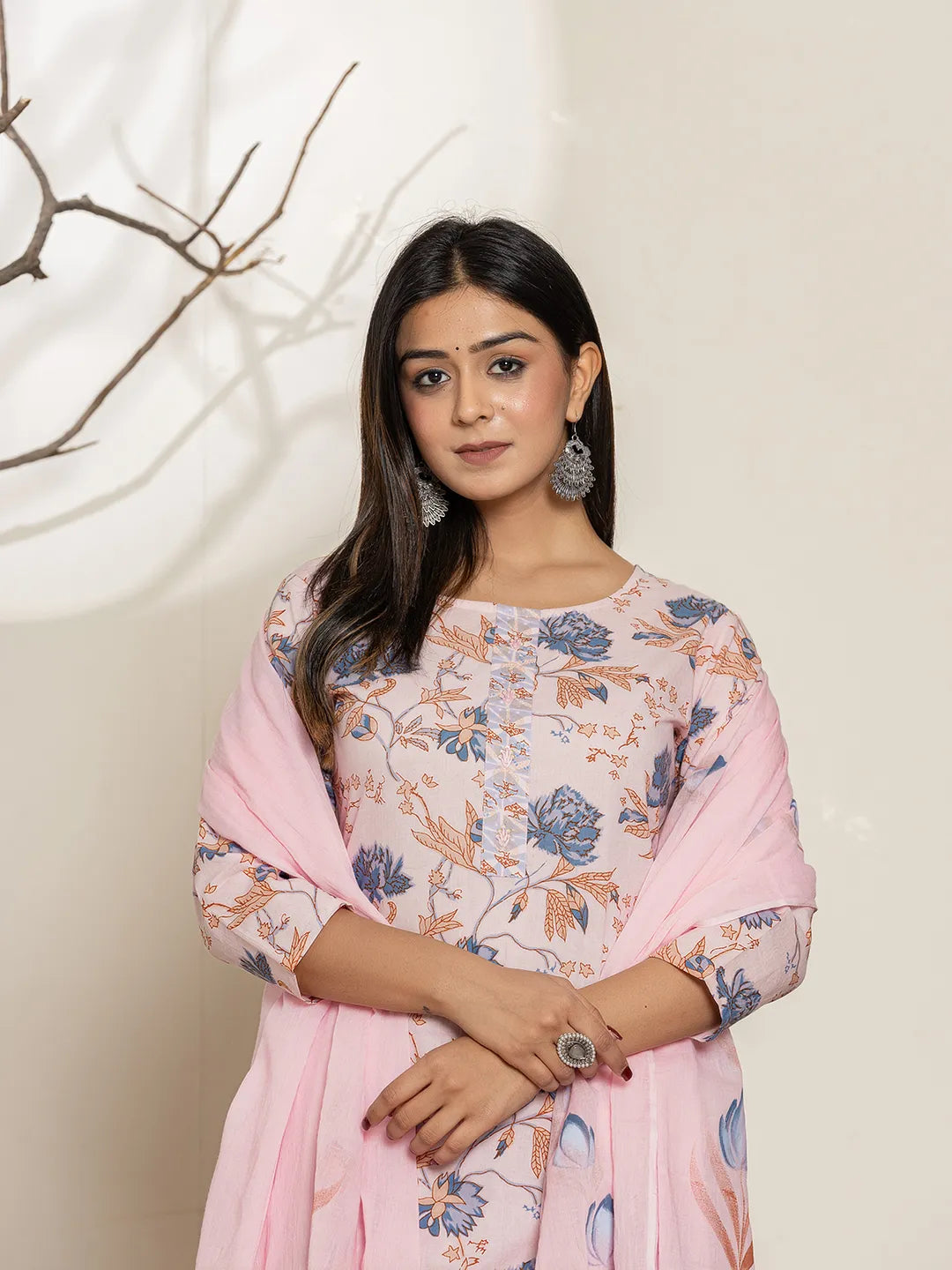 Yufta Pink Cotton Floral Print Kurta Dupatta Set | Grocsy
