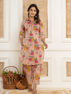 Yufta Pink Cotton Floral Print Striped Print Co-Ord Set | Grocsy