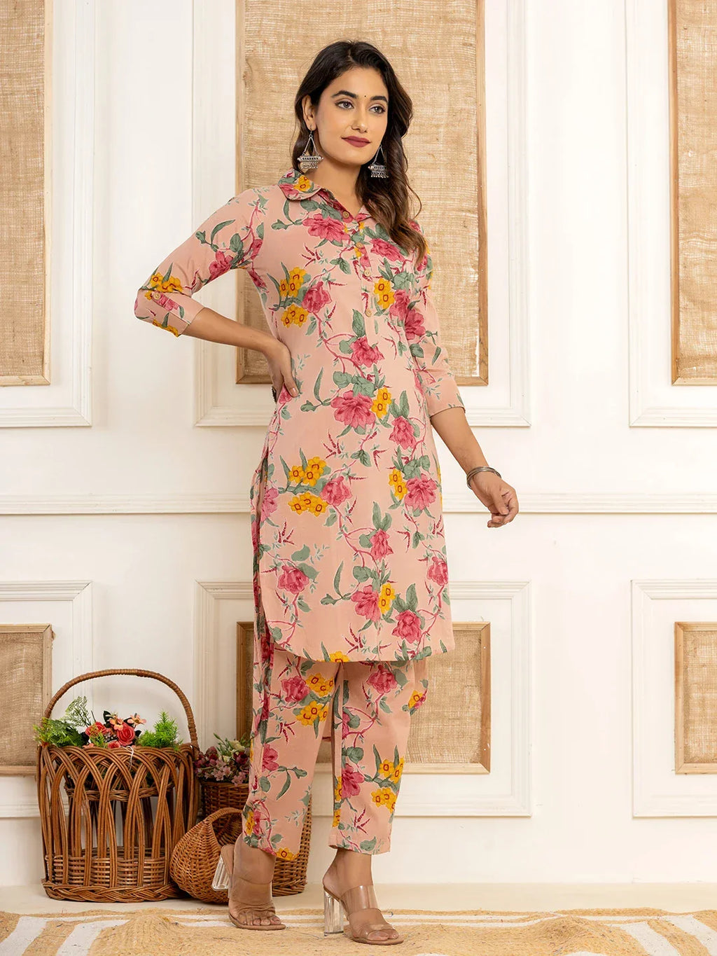 Yufta Pink Cotton Floral Print Striped Print Co-Ord Set | Grocsy