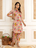 Yufta Pink Cotton Floral Print Striped Print Co-Ord Set | Grocsy