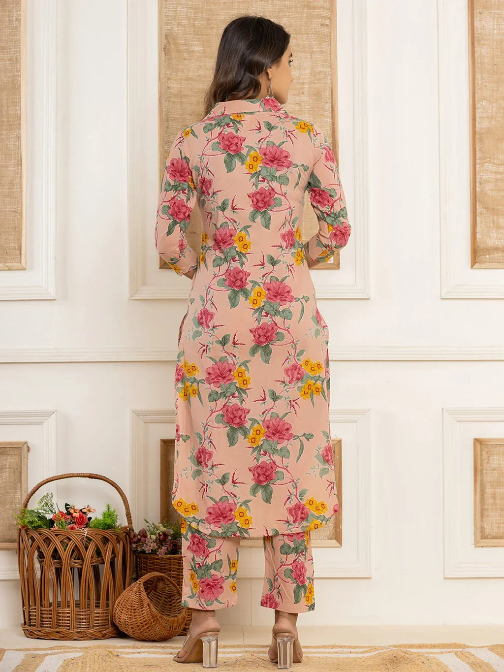 Yufta Pink Cotton Floral Print Striped Print Co-Ord Set | Grocsy