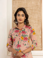 Yufta Pink Cotton Floral Print Striped Print Co-Ord Set | Grocsy