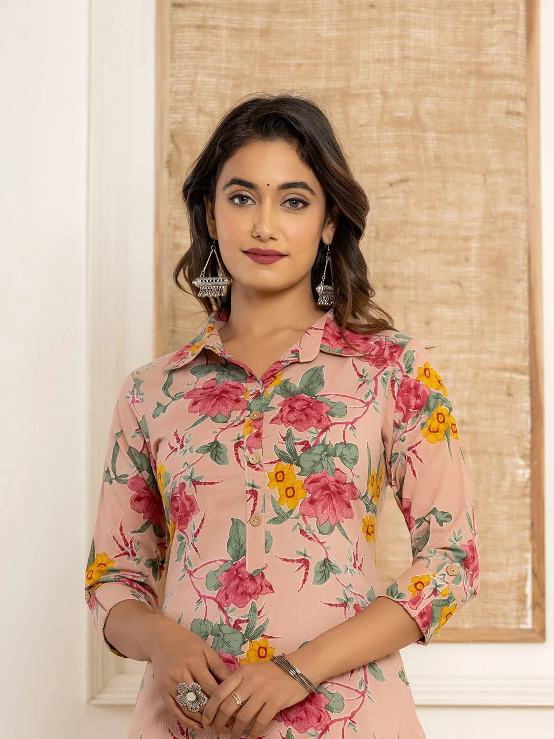 Yufta Pink Cotton Floral Print Striped Print Co-Ord Set | Grocsy