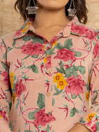 Yufta Pink Cotton Floral Print Striped Print Co-Ord Set | Grocsy
