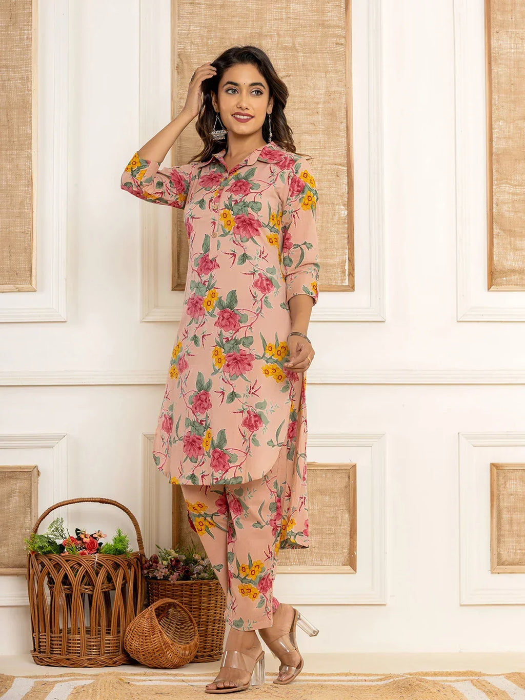 Yufta Pink Cotton Floral Print Striped Print Co-Ord Set | Grocsy