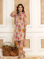 Yufta Pink Cotton Floral Print Striped Print Co-Ord Set | Grocsy