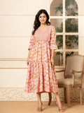 Yufta Pink Cotton Floral Print Tiered Dress With Ruffles | Grocsy