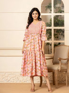 Yufta Pink Cotton Floral Print Tiered Dress With Ruffles | Grocsy