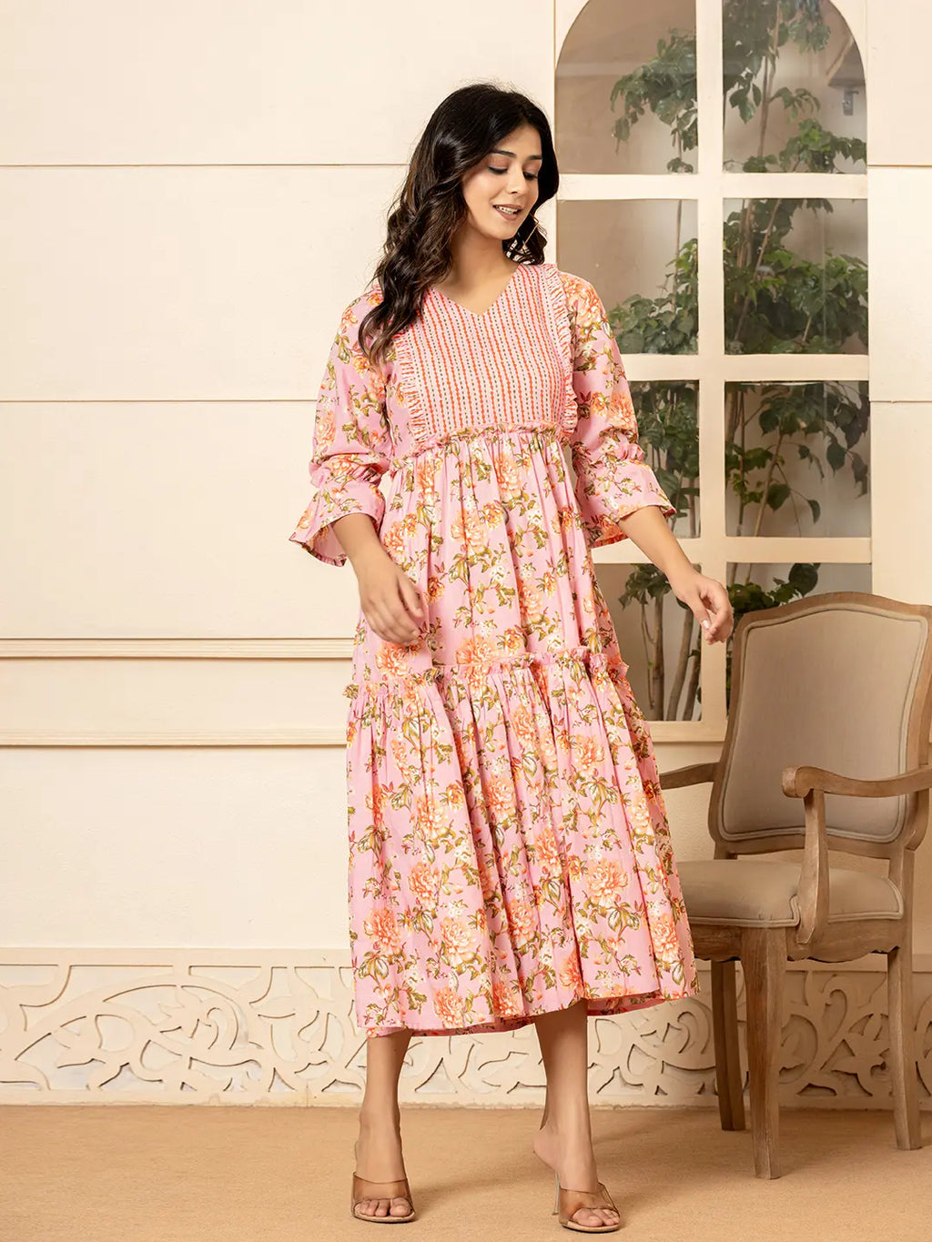 Yufta Pink Cotton Floral Print Tiered Dress With Ruffles | Grocsy